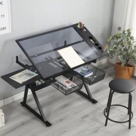 black adjustable tempered glass drafting printing table with chair (Option: default title)