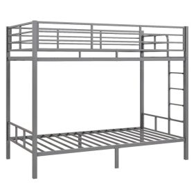 Grey Twin Bunk Bed Square Tube High Guardrail Side Ladder Opening Iron Bed (Option: default title)