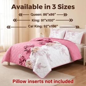 3-Piece Pink Rose Quilted Bedspread Set For King And California King (Option: California King)