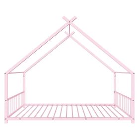 Pink Flat Bed House Shape with Side Guardrails Twin Children's Iron Bed (Option: default title)