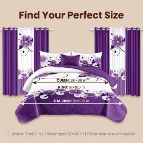 9-Piece Purple And White Gardenia Bedspread And Curtain Set, Reversible Microfiber Bedding Set For King And California King (Option: King)