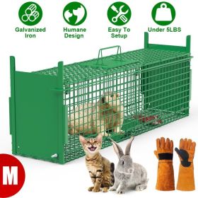 32in 2 Door Live Animal Cage Trap With Glove Green For Animals Under 12LBS Easy To Setup Humane Galvanized Iron Trap Cage For Rabbits Groundhogs (Option: With Glove-Green M Size 32in)
