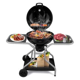 Kettle Charcoal Grill with 2 Side Tables, Storage Shelf, Upgraded Ash Catcher, Thermometer, Air Vents, Outdoor Cooking Barbecue Grill with Wheels (Option: default title)