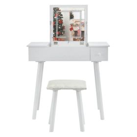 Vanity Table Set with LED Mirror, Flip Top Makeup Dressing Table Writing Desk with Cushioning Makeup Stool Set, 2 Drawers, White (Option: as picture)