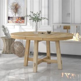 Farmhouse Round Extendable Dining Table with 16" Leaf Wood Kitchen Table (Natural Wood Wash) (Option: as picture)