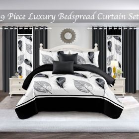9-Piece Black And White Feather Bedspread And Curtain Set, Reversible Microfiber Bedding Set For King And California King (Option: King)