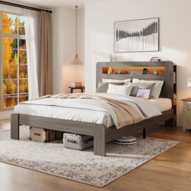 Bed Frame Queen Size, Wood Platform Bed Frame with Storage LED Light Headboard and 2 USB , Noise Free,No Box Spring Needed and Easy Assembly Tool (Option: default title)